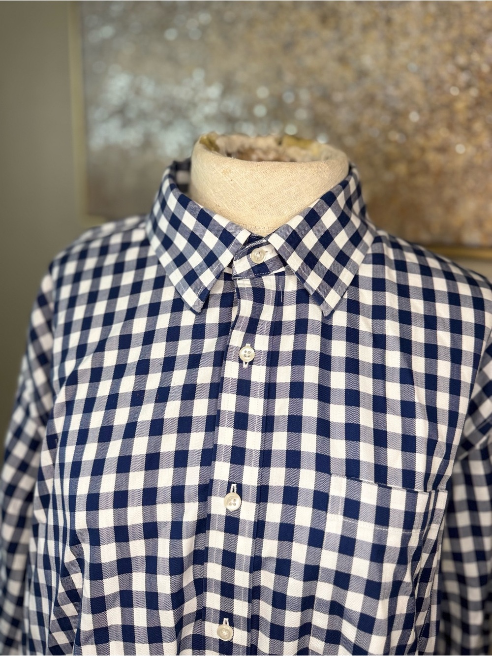 Nordstrom Smartcare Men’s Gingham Dress Shirt Navy White Button Down 17